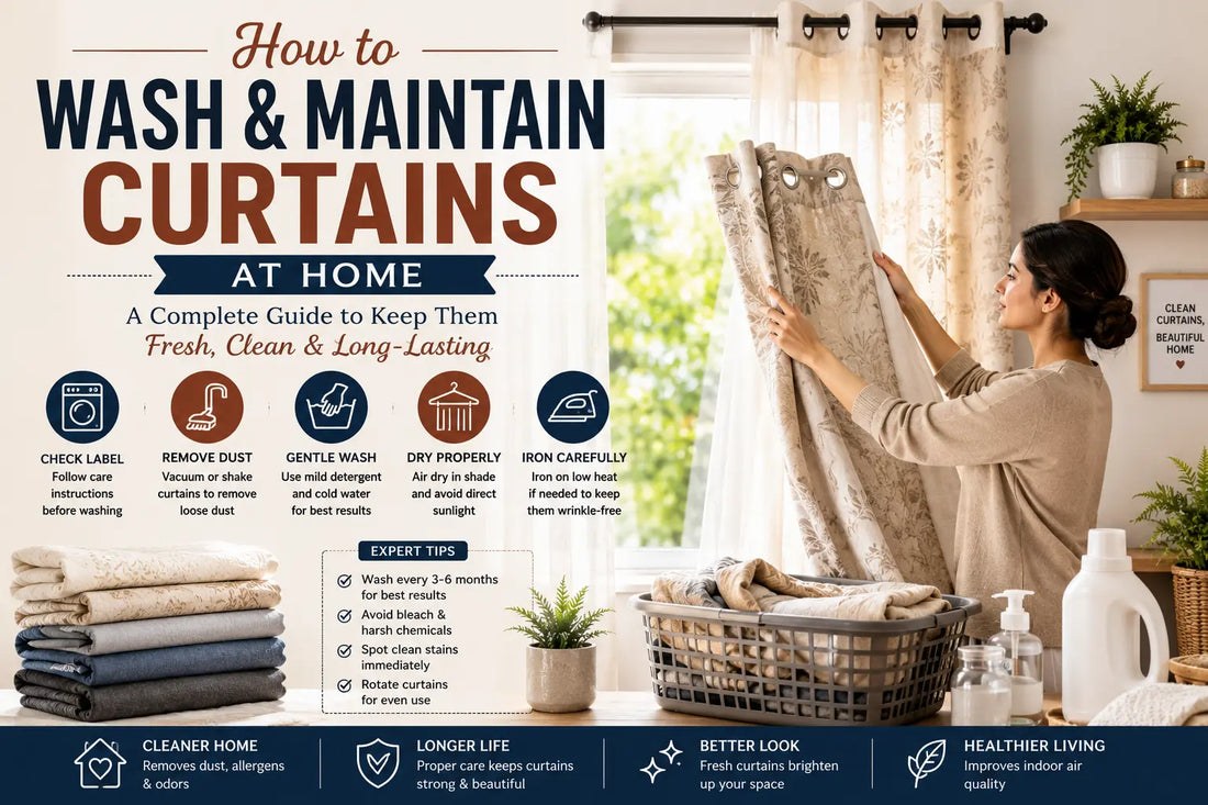 "Person gently washing elegant living room curtains at home with soft natural light, demonstrating how to wash and maintain curtains for long-lasting beauty and cleanliness."