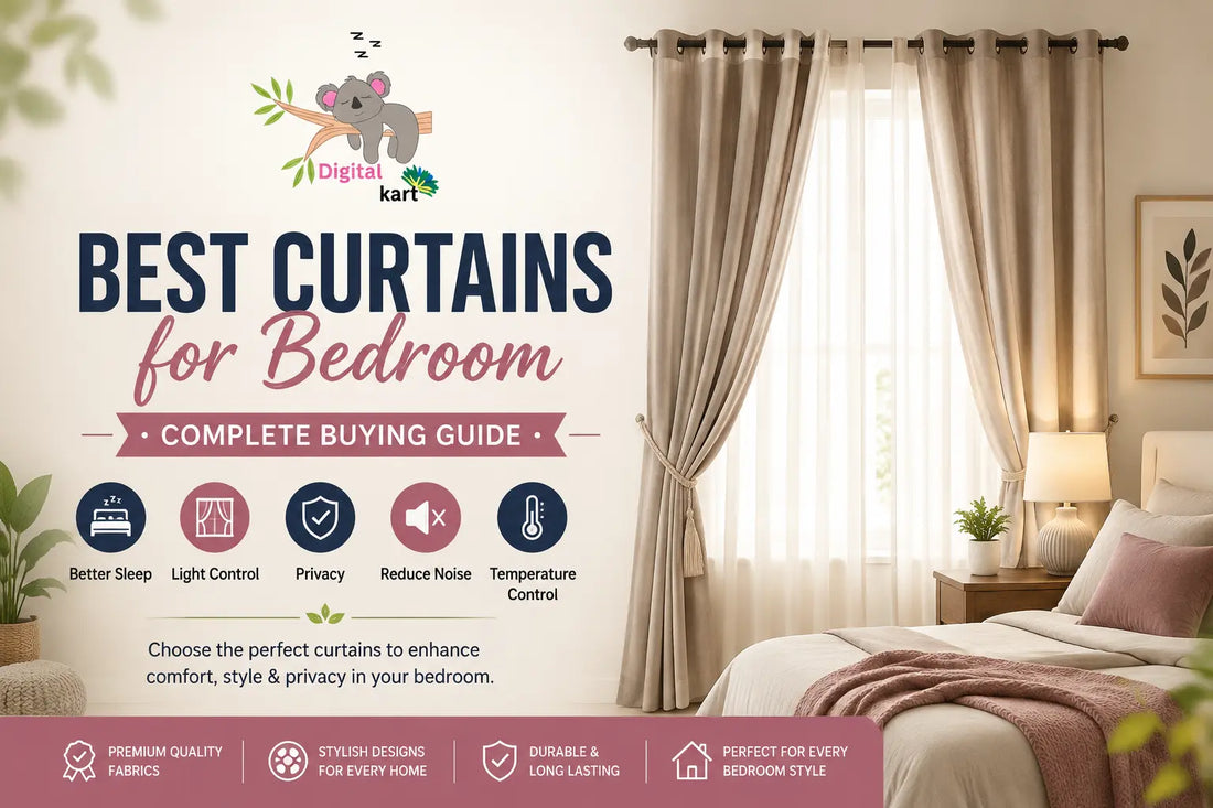 "Modern bedroom featuring elegant floor-length blackout and sheer curtains in neutral tones, creating a cozy, stylish, and relaxing sleeping space."