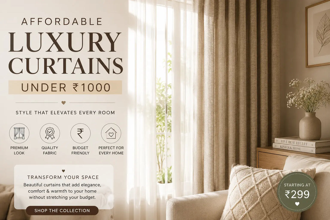 "Elegant beige sheer and linen-look curtains in a modern living room showcasing affordable luxury curtains under ₹1000 with warm minimalist home décor."