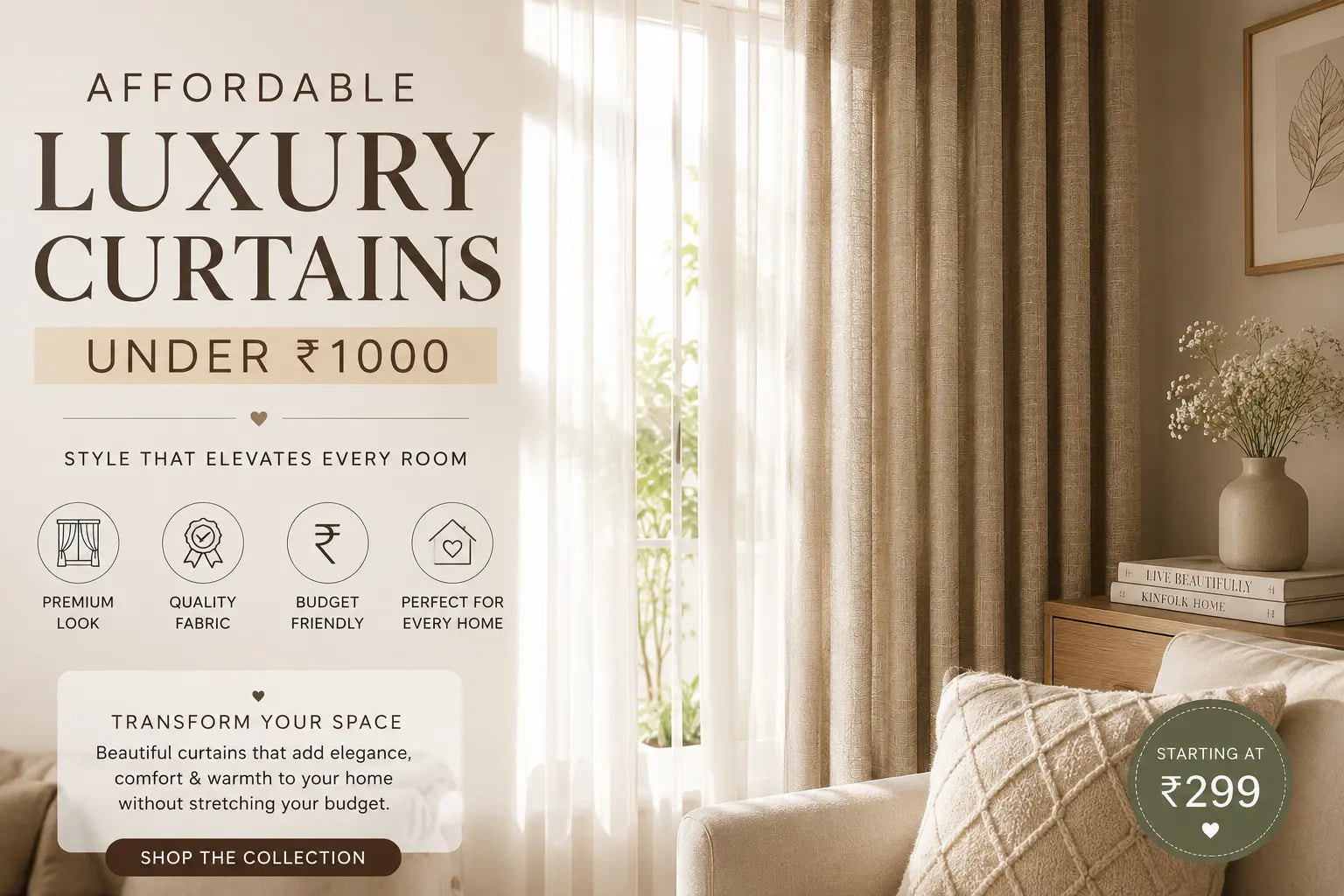 "Elegant beige sheer and linen-look curtains in a modern living room showcasing affordable luxury curtains under ₹1000 with warm minimalist home décor."