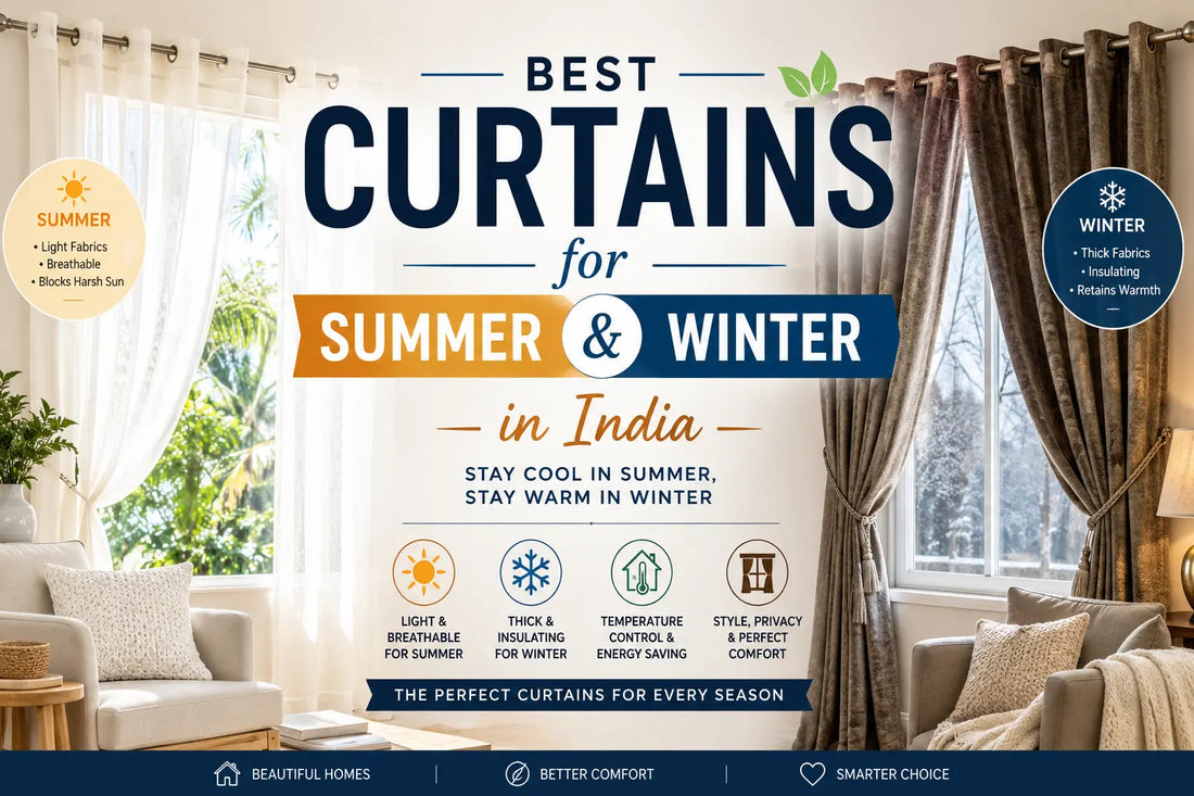 "Best curtains for summer and winter in India featuring breathable sheer curtains for hot weather and thick insulated curtains for cold weather in a modern living room."