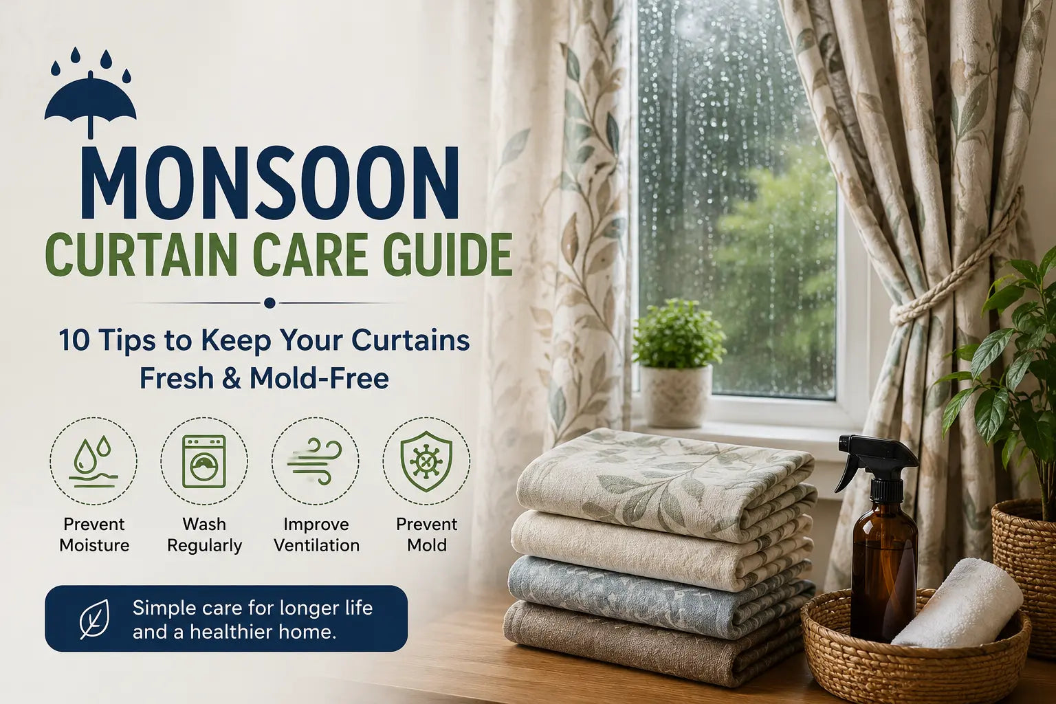 Monsoon curtain care guide featuring stylish window curtains in a modern home with rainy weather outside, showing tips to keep curtains fresh, clean, and mold-free during the monsoon season.