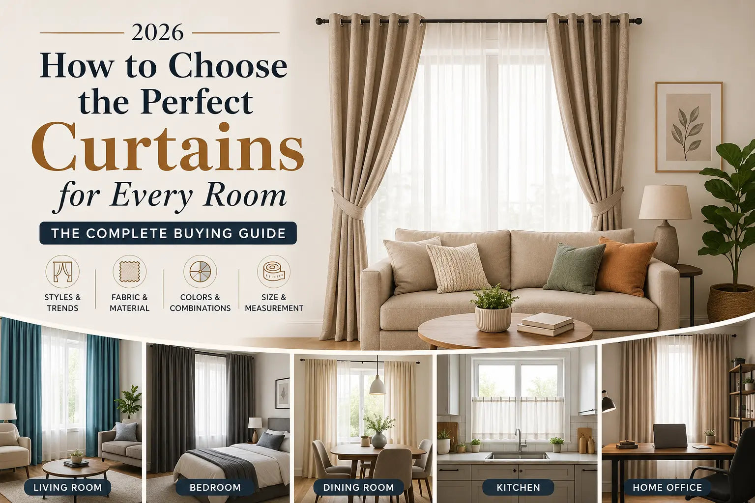 "Modern living room featuring elegant sheer and blackout curtains with examples for bedroom, dining room, kitchen, and home office, illustrating how to choose the perfect curtains for every room in 2026."