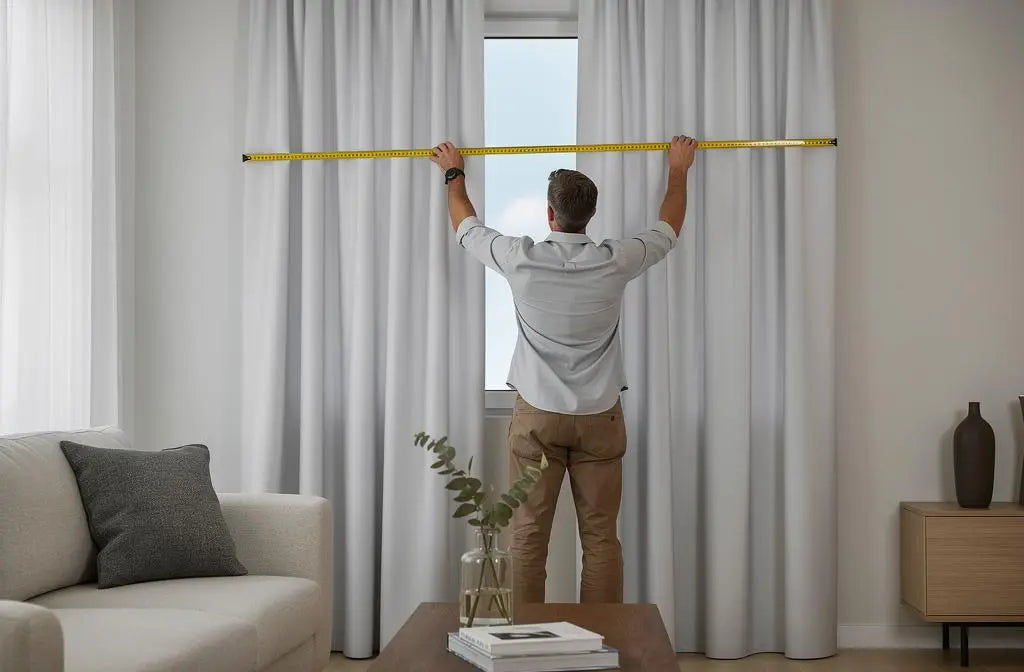 “Person measuring a modern living room window with a tape measure before installing elegant floor-length curtains, demonstrating how to measure curtains correctly before buying.”