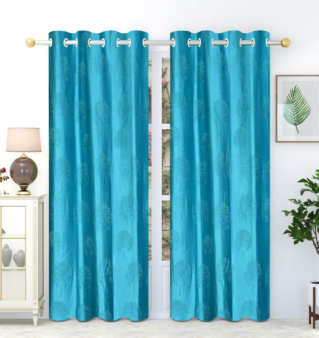 Aqua Tree Punch curtains from The Digital Kart featuring a vibrant, tropical tree punch pattern on lightweight fabric.