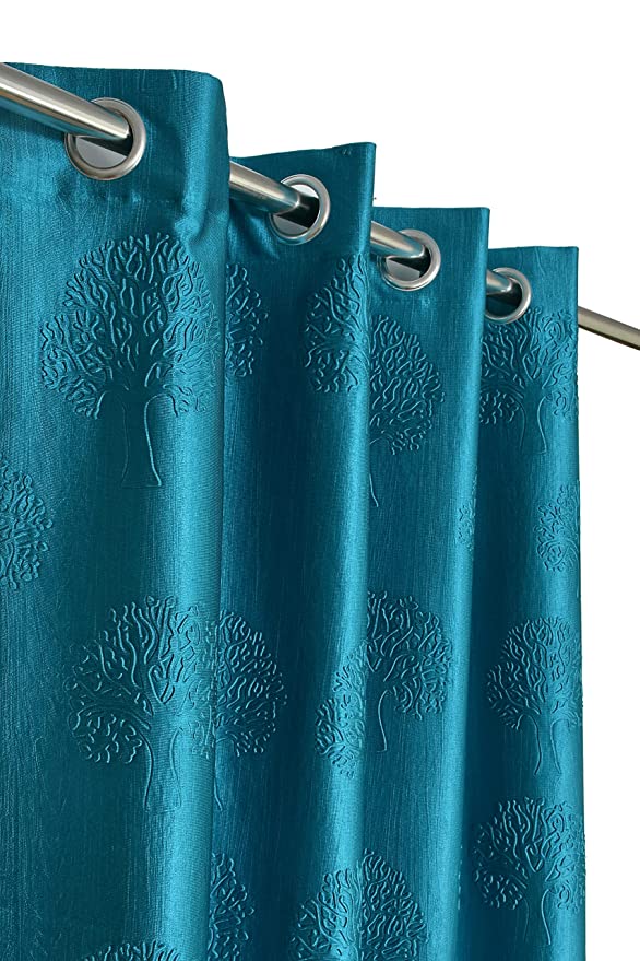 Aqua tree punch curtains by The Digital Kart featuring vibrant aqua fabric with a tree punch pattern, perfect for window decor.