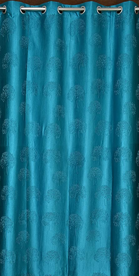 Aqua-colored tree punch curtains with a leafy pattern, designed by The Digital Kart for stylish window decoration.