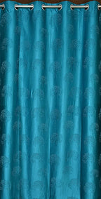Aqua-colored tree punch curtains with a leafy pattern, designed by The Digital Kart for stylish window decoration.
