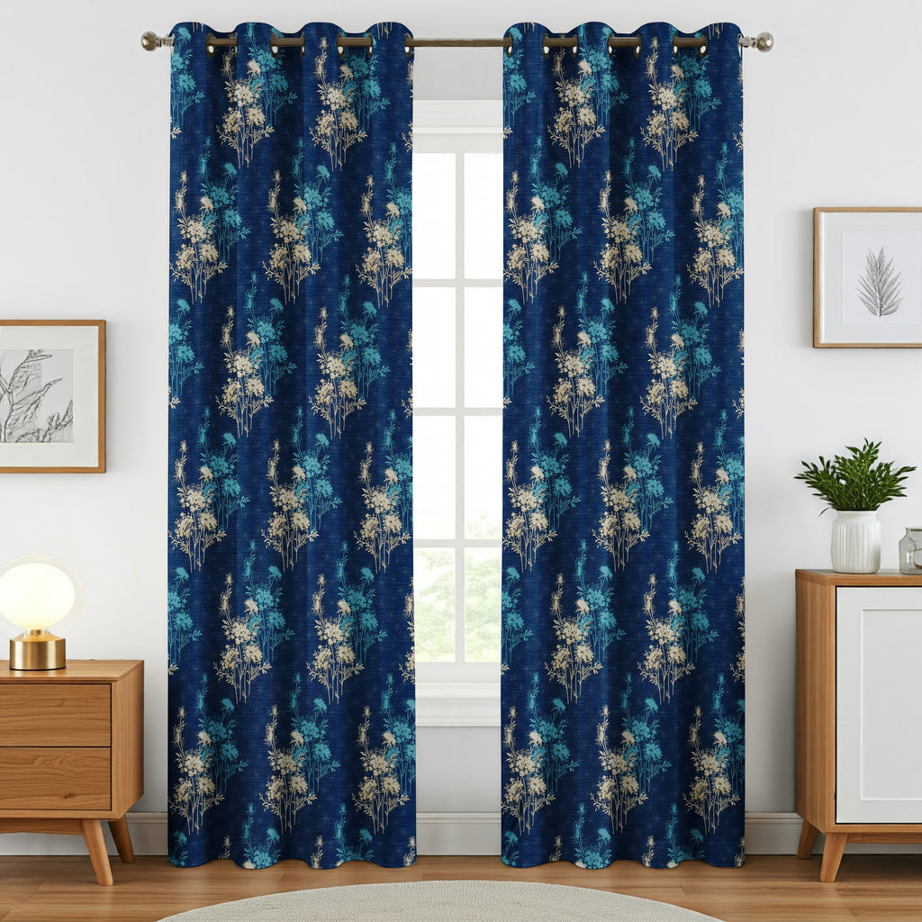 Blue Surbhi Gulmohar print fabric by The Digital Kart, showcasing vibrant floral design on smooth textile.