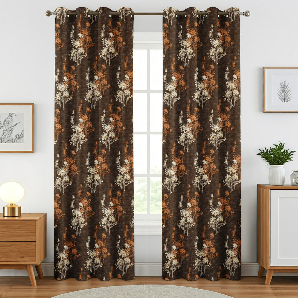 Surbhi Gulmohar print fabric by The Digital Kart featuring vibrant floral patterns on a coffee-colored background.