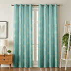 English Aqua velvet curtains with regal foil accents from The Digital Kart, showcasing luxurious fabric and intricate design details.