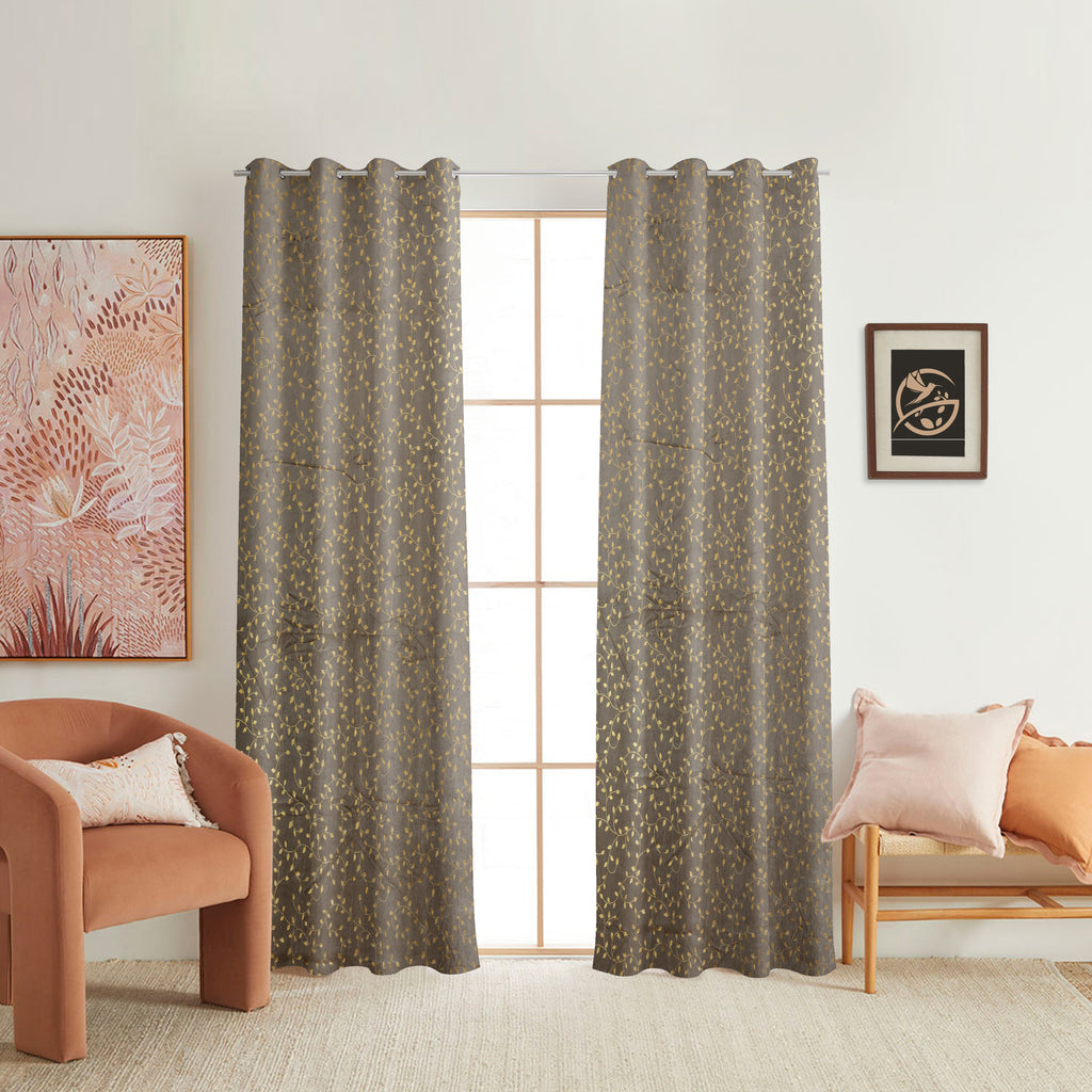 Gray velvet curtains with foil accents from The Digital Kart, showcasing a luxurious and elegant window treatment.