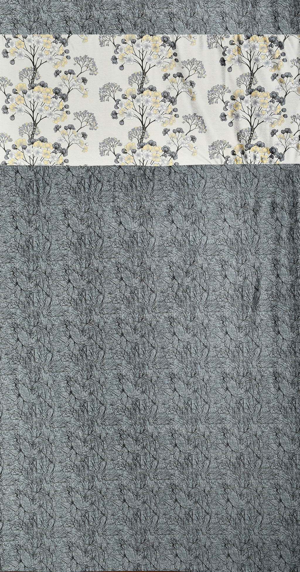 Grey Camrin patch umbrella curtain with digital brand logo, featuring a stylish fabric design and decorative umbrella pattern.