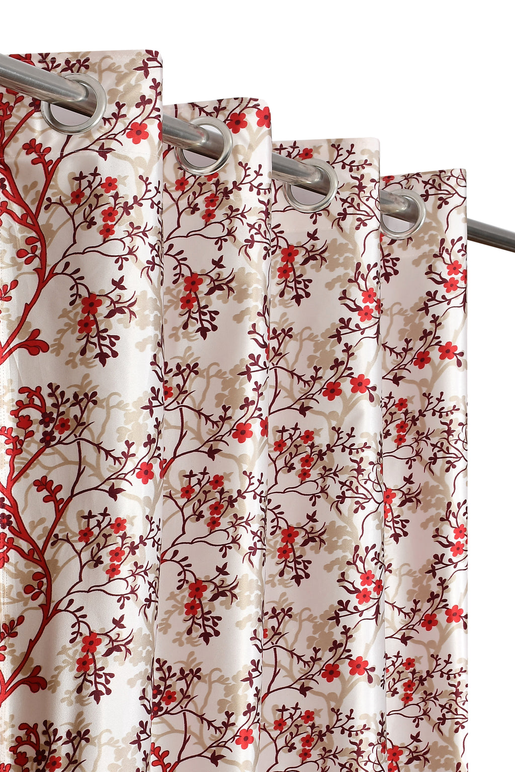Maroon Surbhi SILMILI print curtains from The Digital Kart hanging on a window with floral patterns