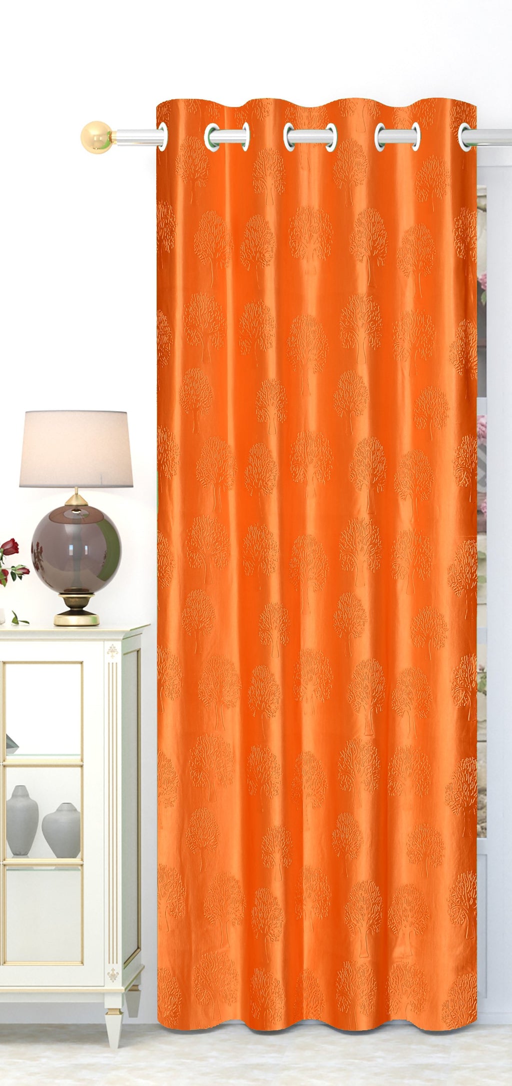 Orange tree punch curtains from The Digital Kart featuring vibrant fabric with a tree punch pattern for stylish window decor.