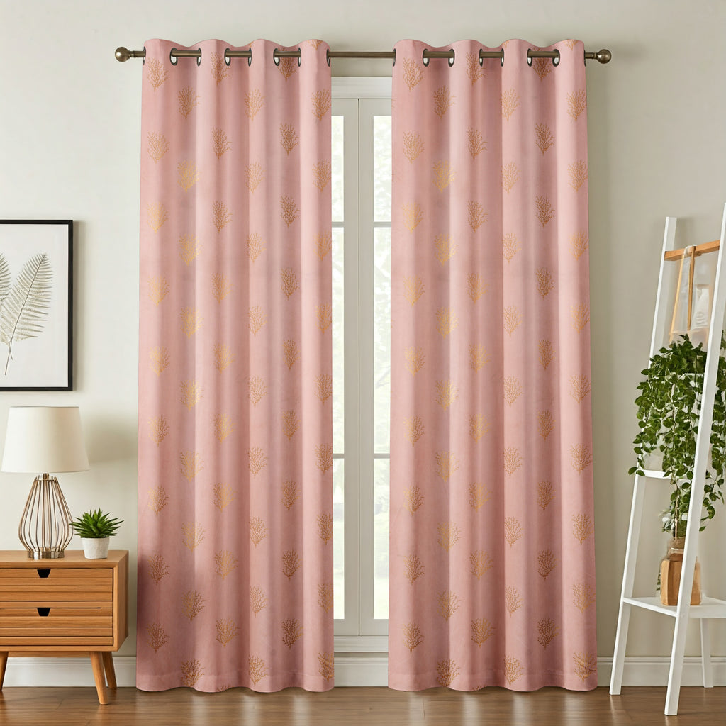 Rose gold velvet curtains with regal foil detailing, elegant window treatment from The Digital Kart, showcasing luxurious fabric and design.