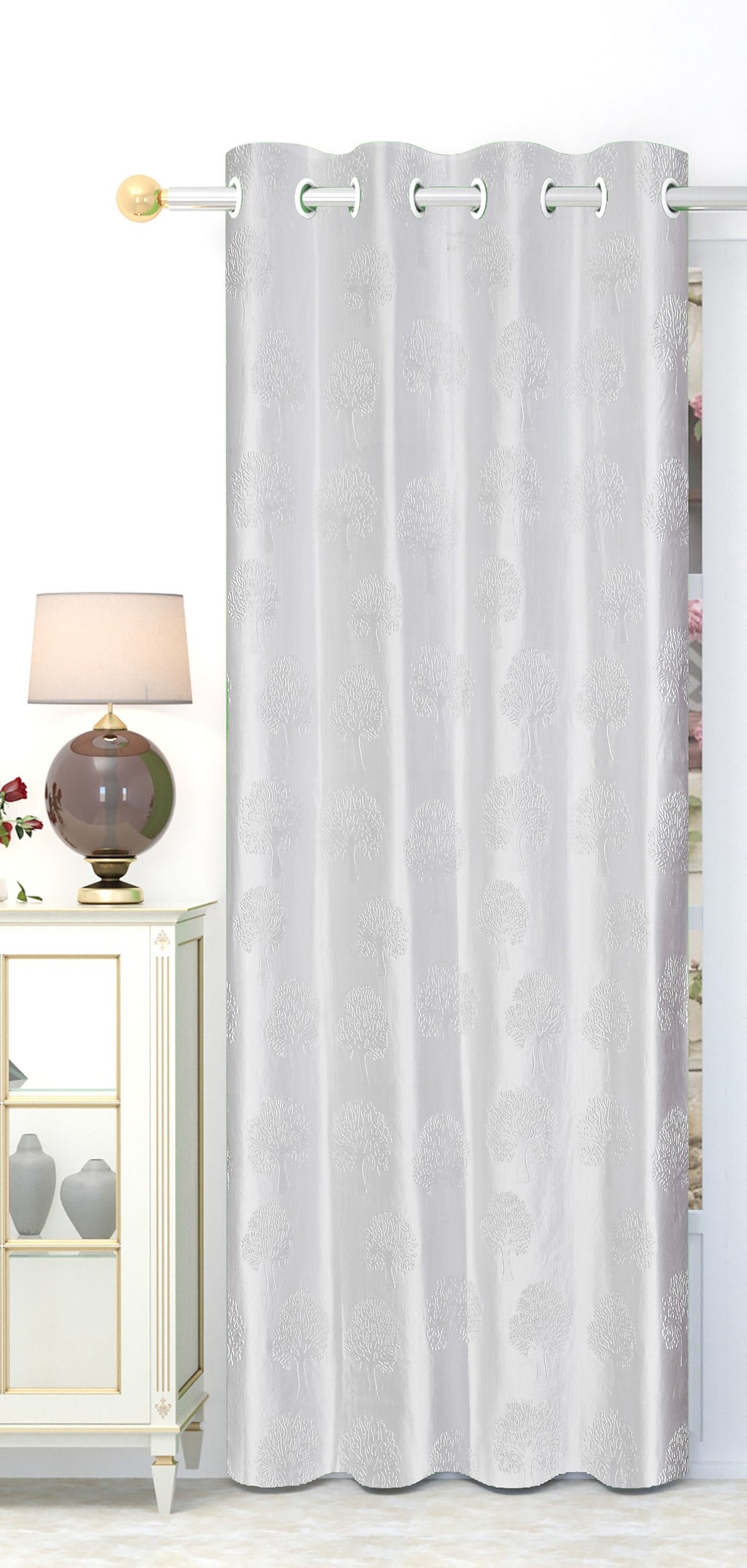 White tree punch curtains from The Digital Kart hanging on a window, featuring a modern tree pattern for stylish home decor.