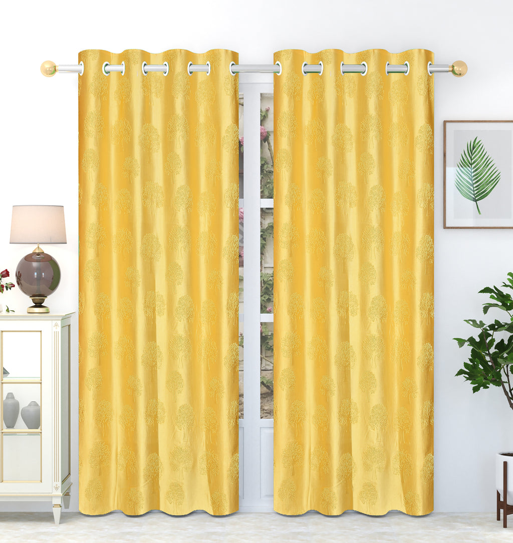 Yellow tree punch curtains by The Digital Kart featuring a vibrant tree pattern for a stylish window decor.